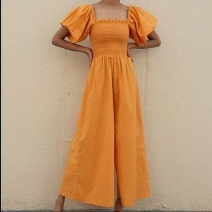 Pixie Market Puff Sleeve Smocked Wide Leg Linen Jumpsuit